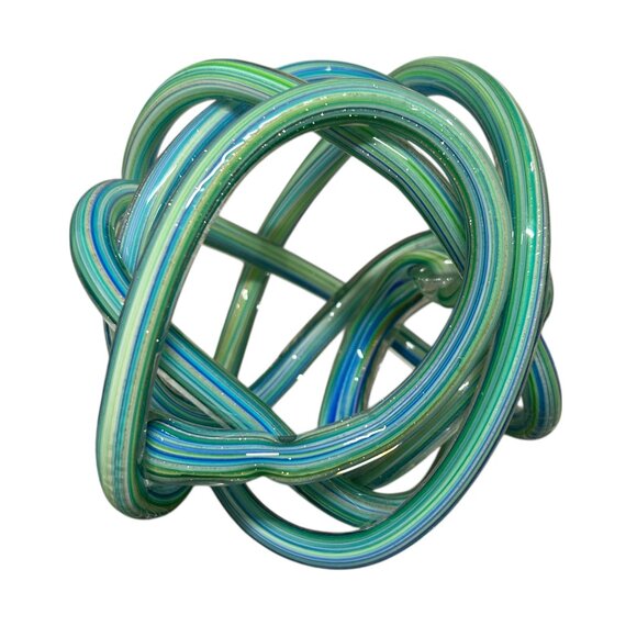 Beautiful Hand Blown Blue Green Turquoise Metallic Glass Endless Knot Sculpture - Picture 5 of 10